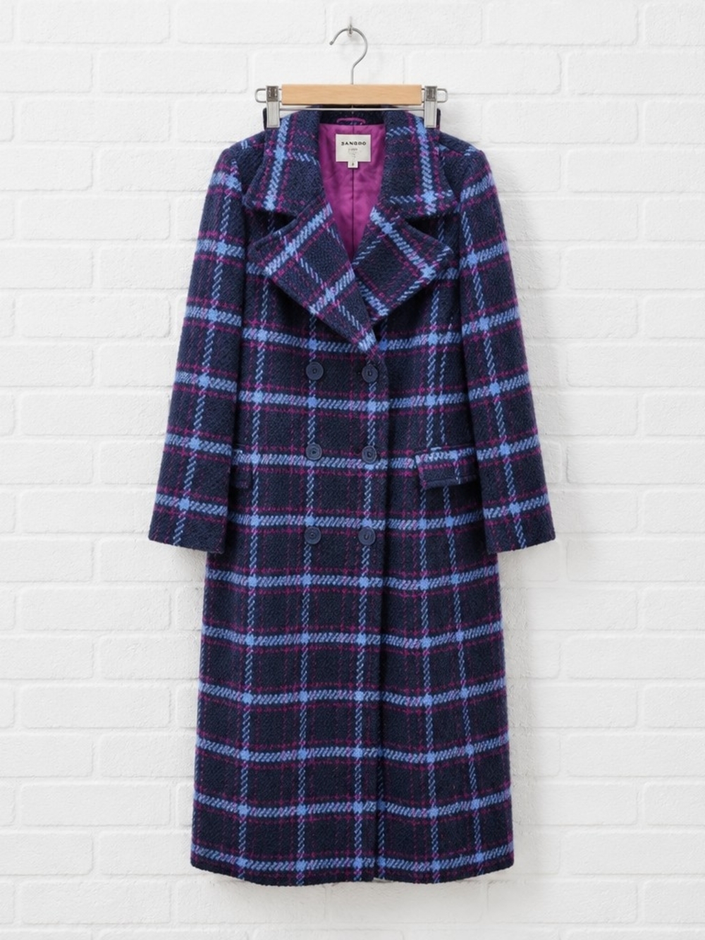 K Jordan Navy & Purple Plaid Double-Breasted Trench Coat